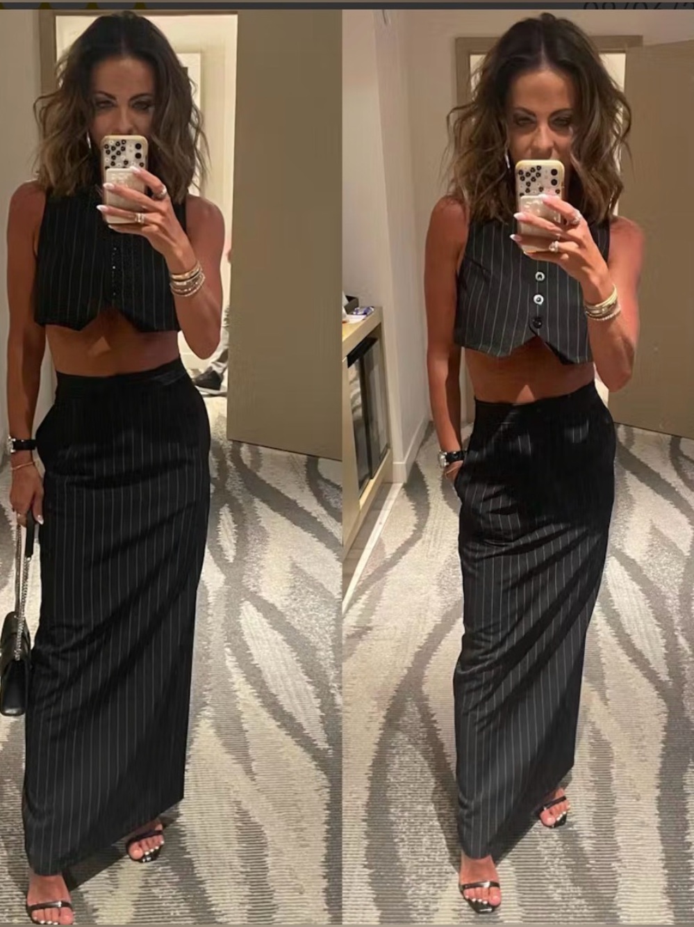 Pinstripe Vest and High-Waist Skirt Set - Picture 3 of 8